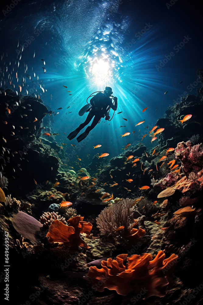 Scuba diver dives underwater in the ocean between coral reef, sunlight, AI Generative.. Scuba diver dives underwater in the ocean between coral reef, sunlight, AI Generative..
