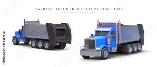 Color realistic garbage truck, view from different sides. Communal services, trash and garbage removal. Set of illustrations on white background. Specialized truck