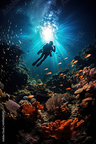 Scuba diver dives underwater in the ocean between coral reef, sunlight, AI Generative..