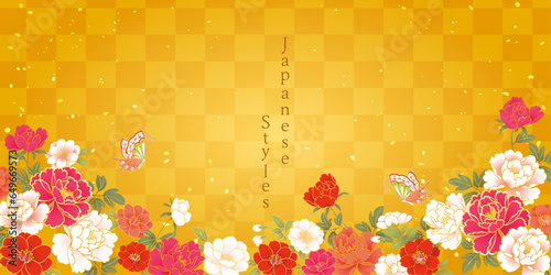 年賀　Japanese-style background　和柄の牡丹の花のデザインフレーム　華やかな新年のご挨拶　お祝い　金色の背景　
