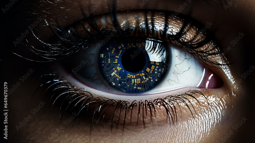 Fototapeta premium cyborg eye, computer vision, vision improvement concept, correction, surveillance system, idea microelectronics and people