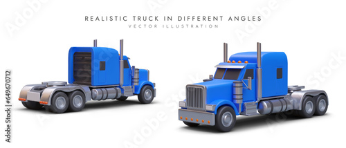 Realistic tractor unit with blue cab, front and rear view. Truck without trailer. Set of isolated images of cargo transport. Detailed illustration on white background