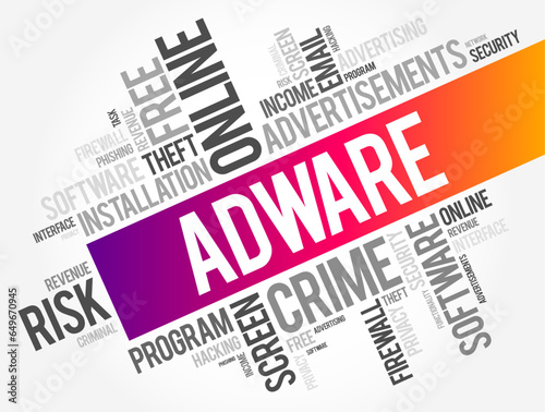 Adware - unwanted software designed to throw advertisements up on your screen, word cloud text concept background