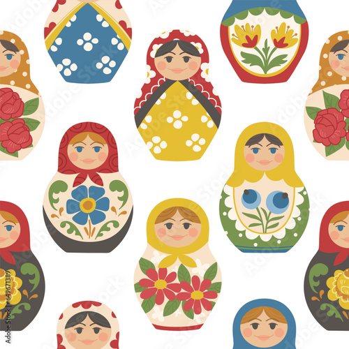 Seamless pattern with traditional Russian matryoshka. Folklore wooden painted toy. Great for fabric, textile