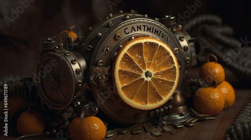  floral, vintage background, fruit, products, enginer, generative, ai, steampunk, clockwork, brooc, yellow, lemon photo