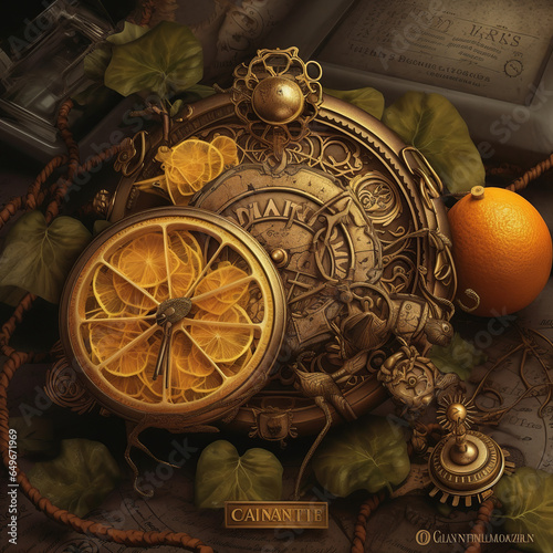  floral, vintage background, fruit, products, enginer, generative, ai, steampunk, clockwork, brooc, yellow, lemon photo