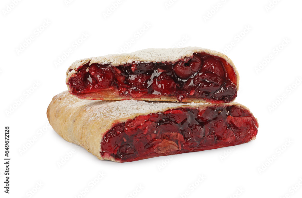 Obraz premium Delicious cut strudel with cherries isolated on white