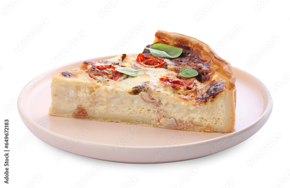 Piece of delicious homemade quiche with prosciutto isolated on white Piece of delicious homemade quiche with prosciutto isolated on white