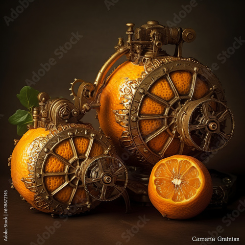  floral, vintage background, fruit, products, enginer, generative, ai, steampunk, clockwork, brooc, yellow, lemon photo