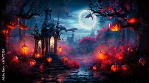 Ethereal full moon over a chilling Halloween landscape with lit jack-o-lanterns and soaring bird.Generative AI © Dougie C