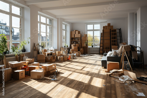new apartment interior with moving boxes, new home delivery concept © AnastasiiaAkh