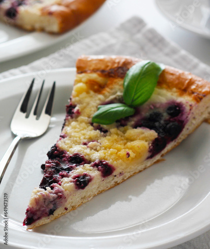 Close-up of a piece of traditional Wallachian blueberry pie called 