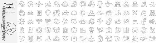 Set of linear Travel tourism icons. Thin outline icons pack. Vector illustration.