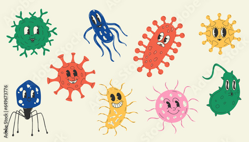Set of Cute Cartoon bacteria, virus character. Old animation 60s 70s, funny cartoon characters. Trendy illustration in retro style.