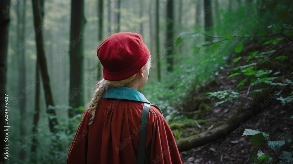 Interpretation of a fairy tale girl in a red hat, the background is an ancient dangerous forest. AI generated. Interpretation of a fairy tale girl in a red hat, the background is an ancient dangerous forest. AI generated.