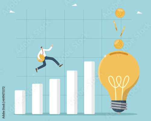 Investing money in innovations for additional profit, turning creative ideas into means of earning money, success and profitability of new projects, man runs with coins on graph to light bulb.