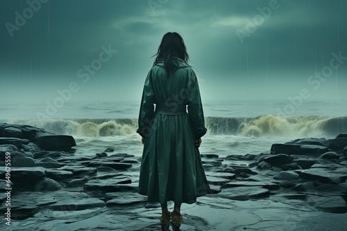 Determined female in a vibrant turquoise raincoat confronts the fury of an impending storm at the shoreline. © Kishore Newton