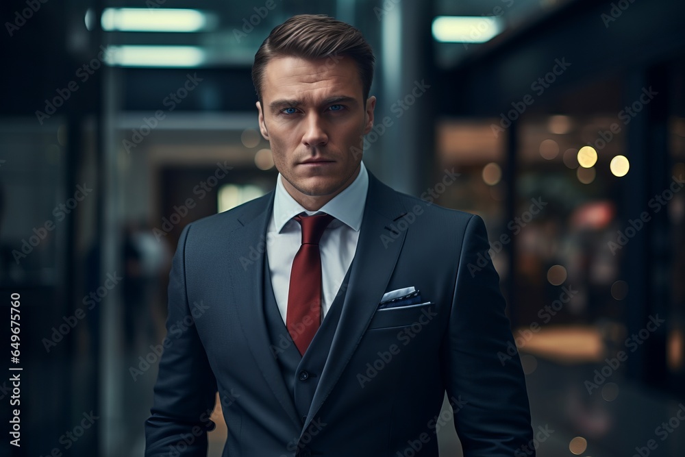 Sleek business man with a piercing gaze exudes unwavering confidence and authority.