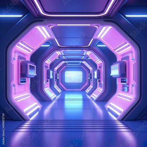Fototapeta Naklejka Na Ścianę i Meble -  Blue and pink spaceship interior with a futuristic corridor in space station with glowing neon lights background.
