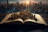 An open book revealing a vibrant cityscape emerging from its pages, symbolizing the power of imagination and storytelling.