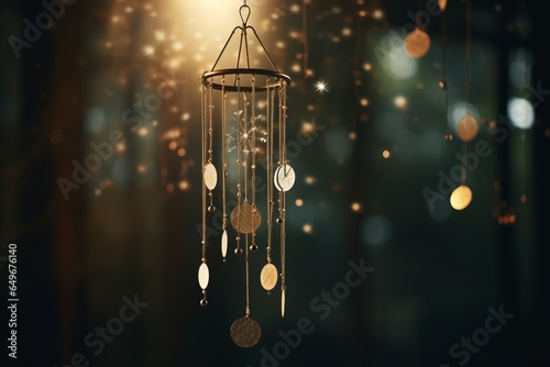 Ethereal wind chime dangles, crafted from celestial elements, whispering tales of the cosmos with every breeze. photo