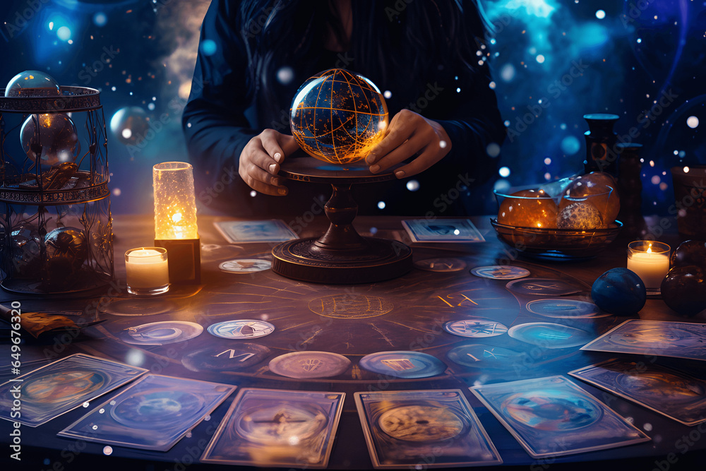 Astrology,Astrologer calculates natal chart and makes a forecast of fate,Tarot cards, Fortune telling on tarot cards magic crystal, occultism, Esoteric background,Fortune telling,tarot predictions. - obrazy, fototapety, plakaty 