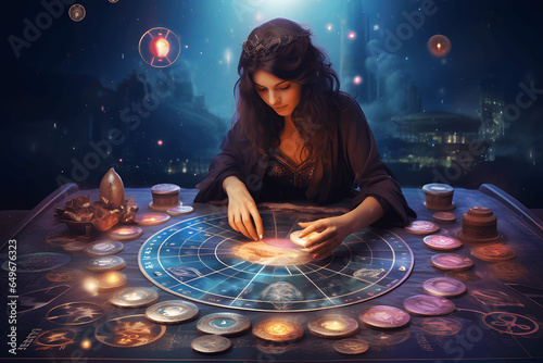 Astrology,Astrologer calculates natal chart and makes a forecast of fate,Tarot cards, Fortune telling on tarot cards magic crystal, occultism, Esoteric background,Fortune telling,tarot predictions. photo