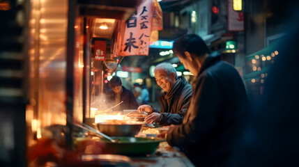 Asian people eating dinner at street food market outdoor - Travel and culture concept - Model by AI generative
