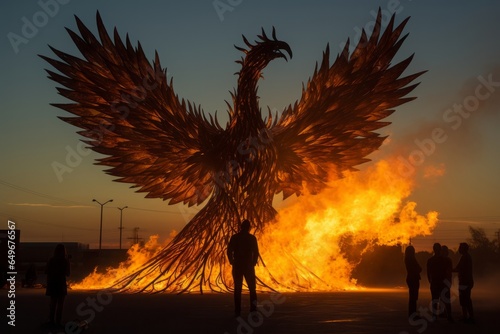 The iconic silhouette of a phoenix ascends  its wings spread wide  rising from ashes that form the visage of life s challenges. 