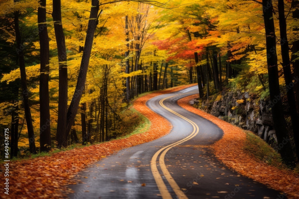 Illustration of a scenic winding road surrounded by vibrant autumn toned trees created with Generative AI technology