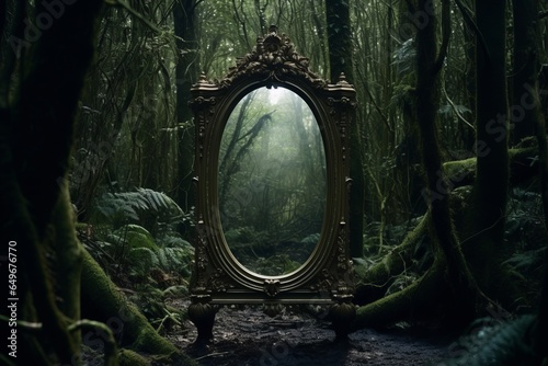 A mesmerizing mirror unveils a captivating, magical realm, blurring the lines of reality.