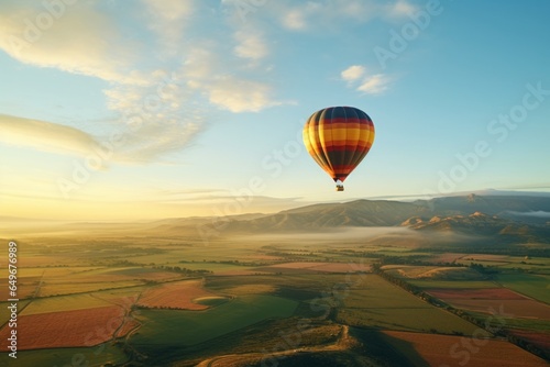A vibrant hot air balloon gracefully floats above a vast, untouched field, epitomizing freedom and adventure. 