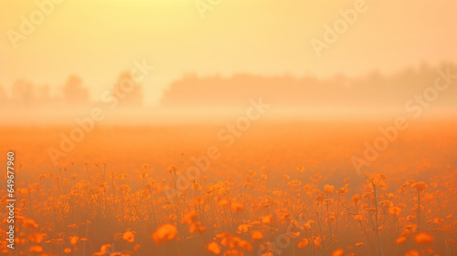 a view of a field of wild flowers in a golden morning mist, a summer landscape on a quiet sunny morning