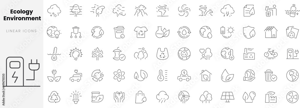 Set of linear Ecology environment icons. Thin outline icons pack. Vector illustration. - obrazy, fototapety, plakaty 