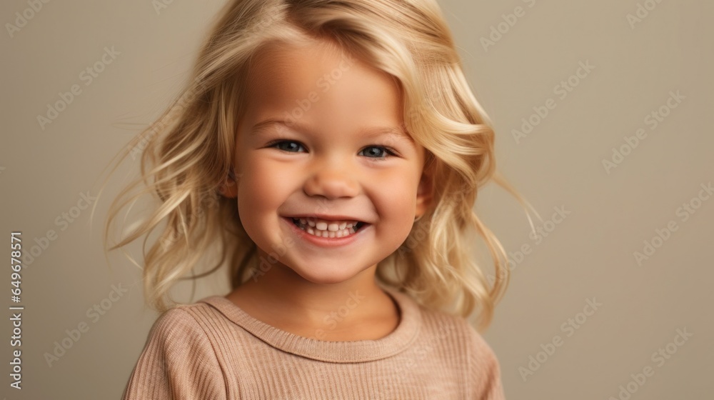 Precious little girl with a captivating smile against a light studio backdrop. Precious little girl with a captivating smile against a light studio backdrop.