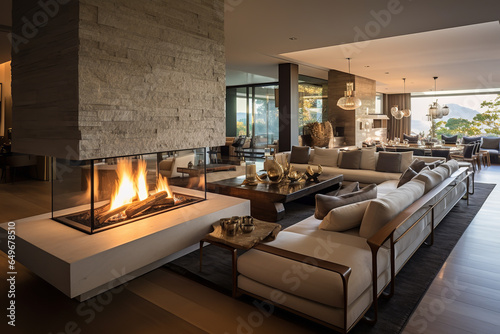  A unique double-sided fireplace acts as a connecting element between the living room and the dining area, sharing warmth and style
