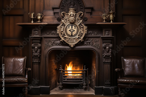  A fireplace has a cast iron backplate displaying a family crest, adding a personal touch to the classic design