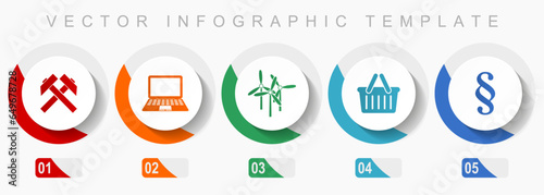 Commerce icon set, miscellaneous icons such as mining, laptop, wind turbine, shop basket and law, flat design vector infographic template, web buttons in 5 color options