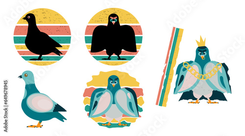 Set of stern blue and black pigeons on colorful background. Vector illustration