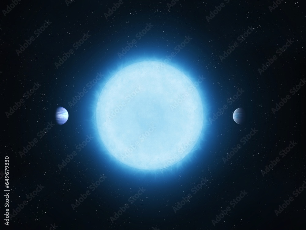 System of a blue star and two planets. Exoplanets near the sun. Earth-like planets in orbit around a blue supergiant.