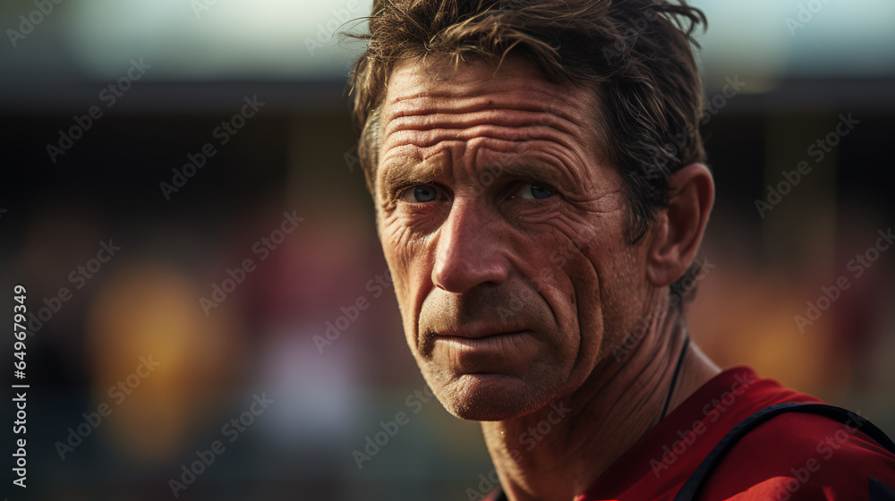 an Australian man engrossed in a game of Australian rules football, the mixture of focus and excitement on his face mirroring the fast-paced  - obrazy, fototapety, plakaty 