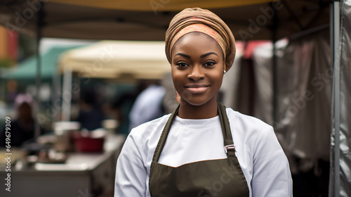 a Nigerian student chef sets up a food stall on a city street, offering sustainably sourced and locally grown dishes.  photo