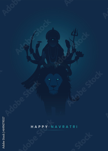 Happy Navratri Minimal Durga Maa Poster, Goddess Durga sitting on Lion, Minimal Poster for Durga Puja, Navami, Dusshera, Garba - Vector