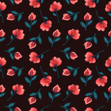 Seamless vector pattern. Juicy red flowers in Scandinavian style, naive art. Pattern on dark background . Vector illustration