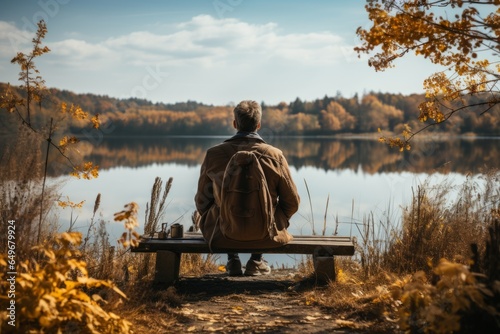 In tranquil contemplation, a man rests on a bench, taking in the autumnal splendor of a lake