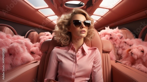 Blonde Wealthy Woman dressed in all Pink sitting in her pink private Jet surrounded by countless pink Pet Dogs. © Pikay Productions