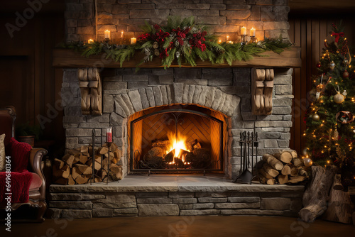 A cozy fireplace has crackling logs providing warmth, while its mantel is adorned with Christmas stockings and festive decorations