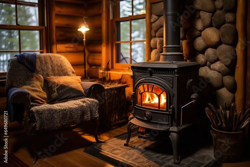 A freestanding cast iron stove with a spiral smoke pipe sits in a cozy wooden cabin, offering an alternative to traditional fireplaces