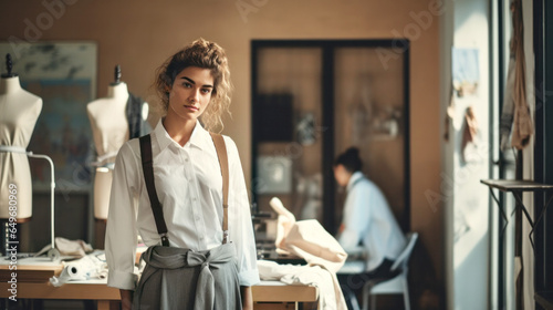 Professional portrait of a young woman tailor or fashion designer smiling and posing in her creative workshop among mannequins and various sewing workshop tools. photo