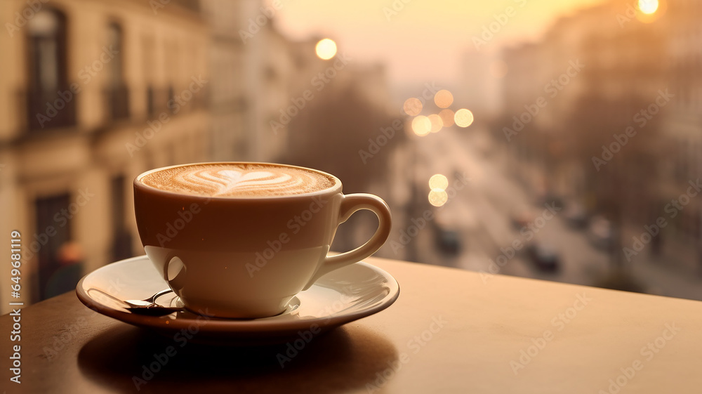 love for Viennese coffee, the shape of a heart in a cup of hot drink in a restaurant on a blurry background